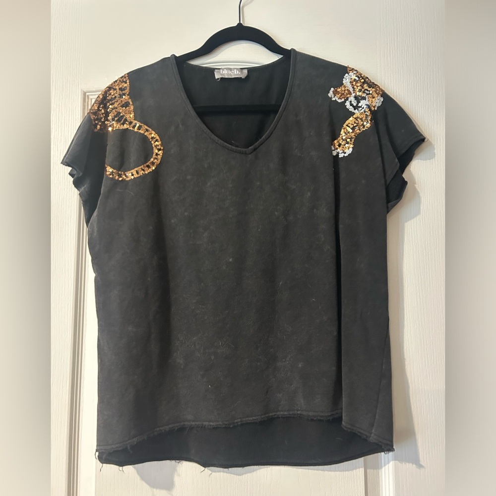 Blush Black Top with Gold and Silver Sequin Accents
